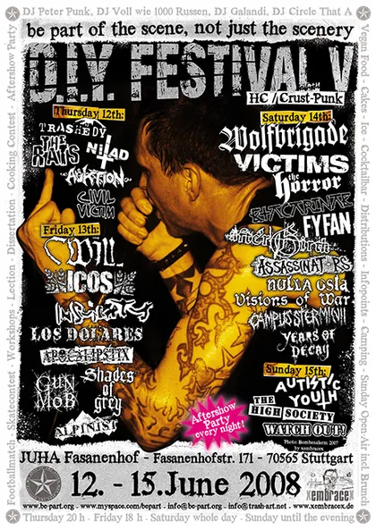 Poster of Be-Part.Festival V, 12 to 15 June 2008 at JUHA Fasanenhof Stuttgart, with the full line-up around a photo of a tattooed singer.