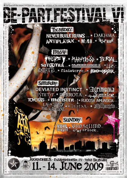 Poster of Be-Part.Festival VI, 11 to 14 June 2009 in Stuttgart, with the line-up over an orange-black cityscape.