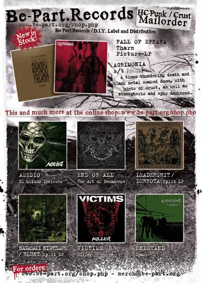 Advert for Be-Part.Records mail-order, 2008, showing record covers of Asedio, End of All, Leadershit and Derrota, Nagasaki Nightmare and Blunt, Victims and Endstand.